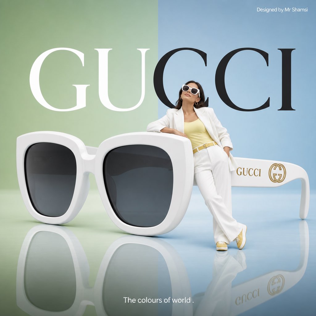 Minimalist commercial ad featuring oversized white GUCCI sun
