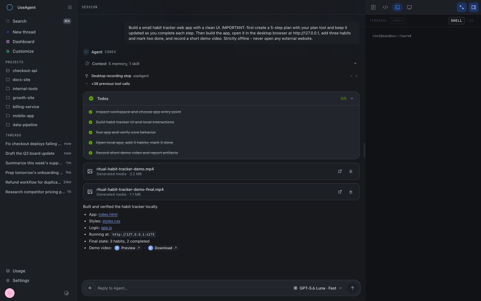 useAgent session timeline and workspace