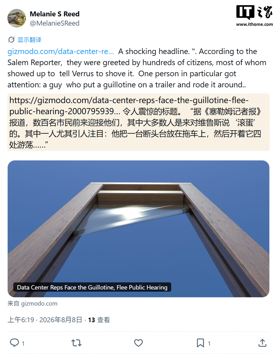 美国拟建 51 亿美元数据中心遭搁置,当地激进民众拿出断头台以示抗议