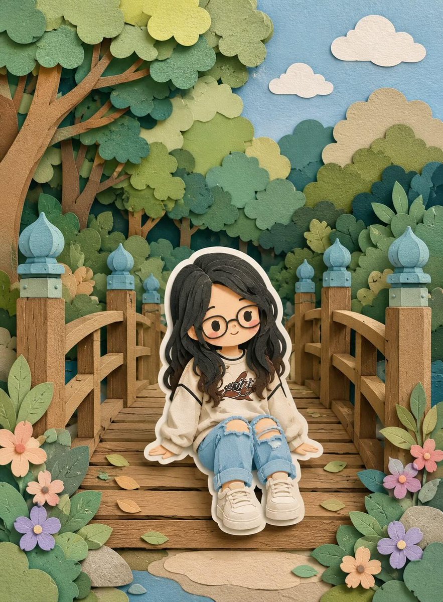 Cute layered paper-cut art style illustration of a chibi gir