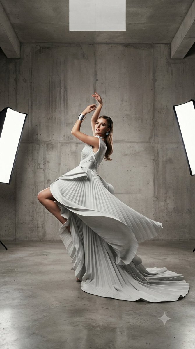 A professional studio fashion editorial featuring a model po