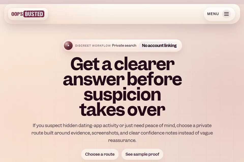 OopsBusted约会应用资料搜索与证据整理界面示意