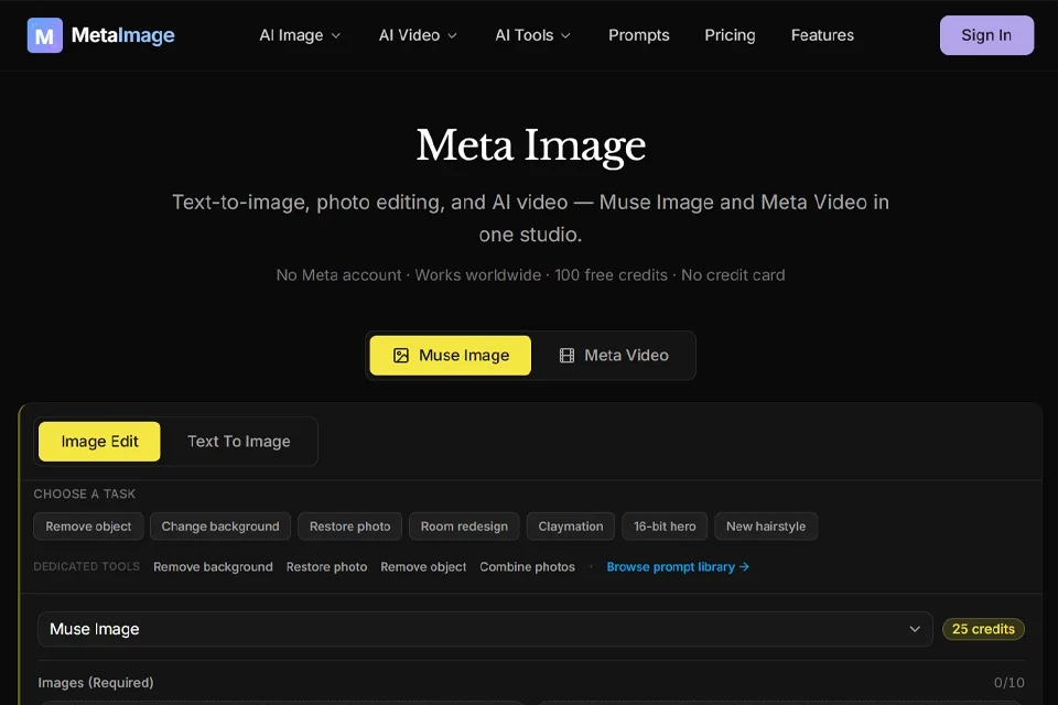 Meta Image AI 图像与视频生成工作室界面