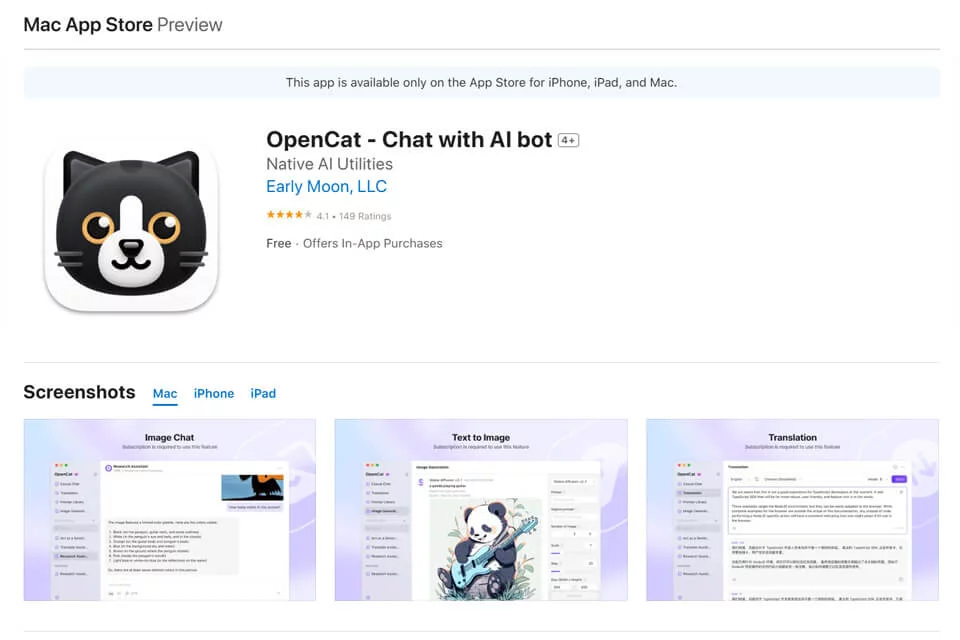 OpenCat 在苹果设备上调用 AI 对话与文本处理功能的界面