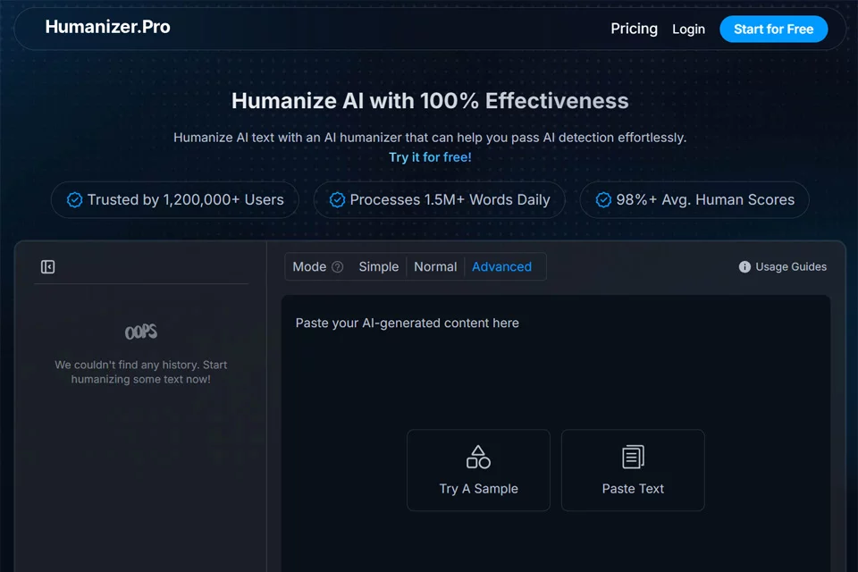 Humanizer Pro 文本改写工具界面示意