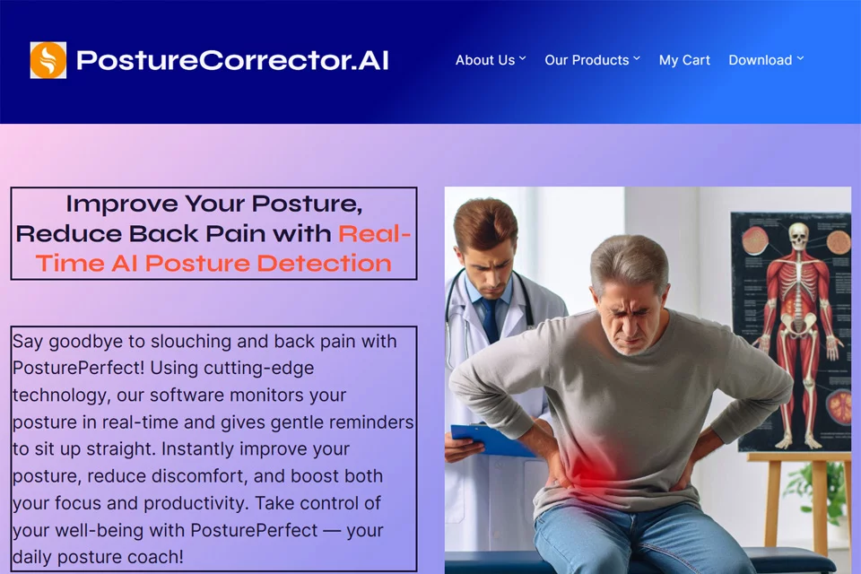 PostureCorrector.AI 使用电脑摄像头进行坐姿检测的界面