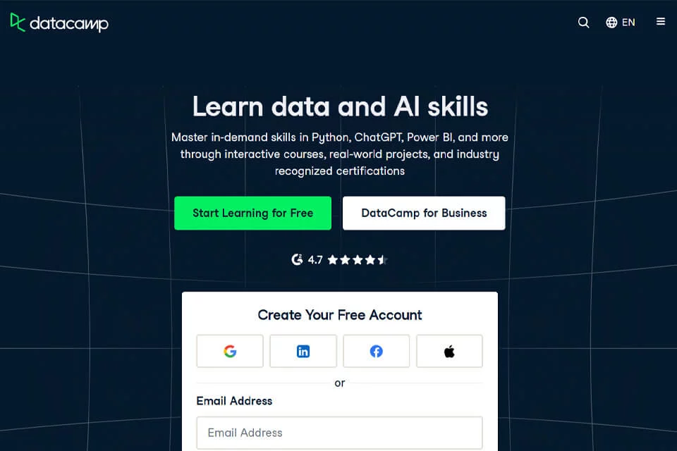 DataCamp 数据科学与人工智能在线学习界面