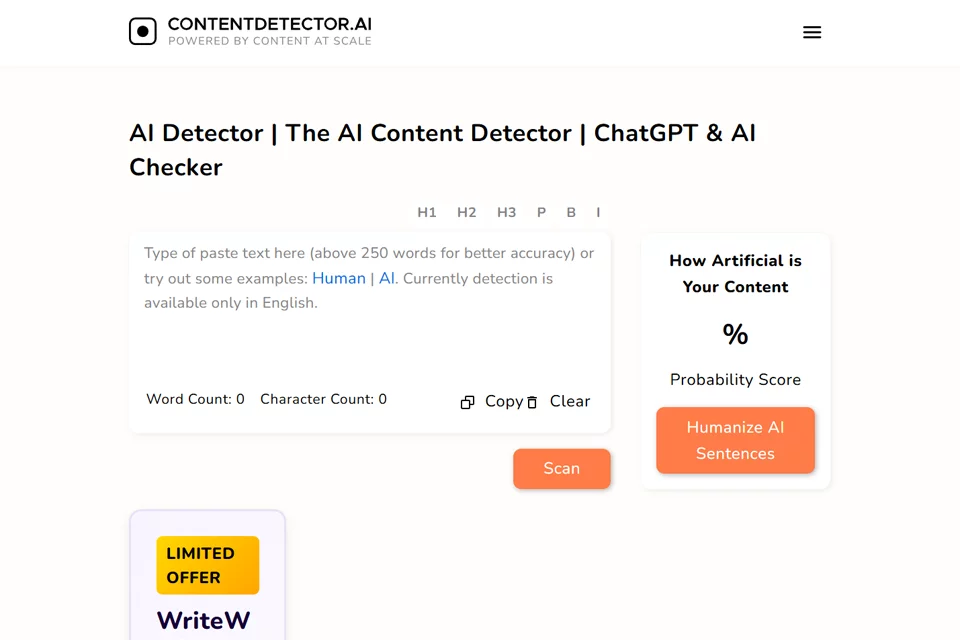 ContentDetector.AI 英文 AI 文本检测页面示意