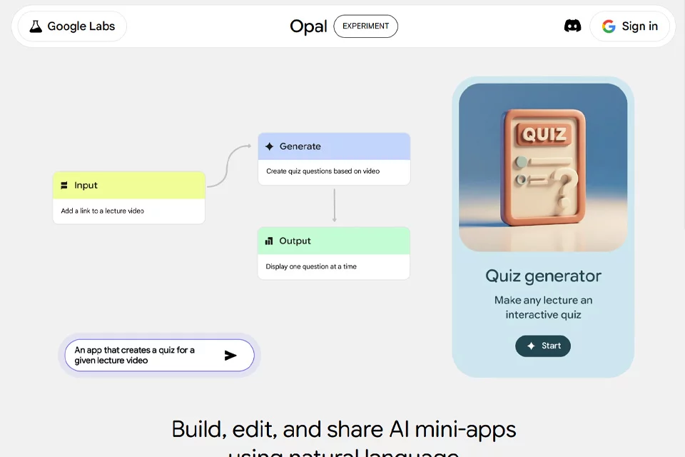 Opal 通过自然语言构建 AI 迷你应用的界面示意