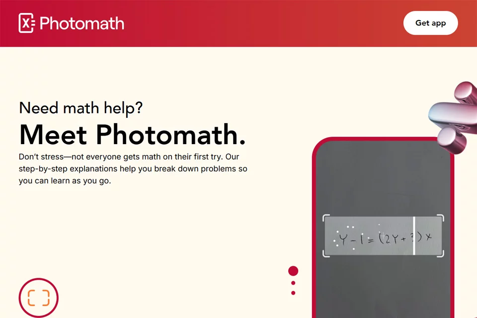 Photomath 展示数学题识别与分步解答的应用界面