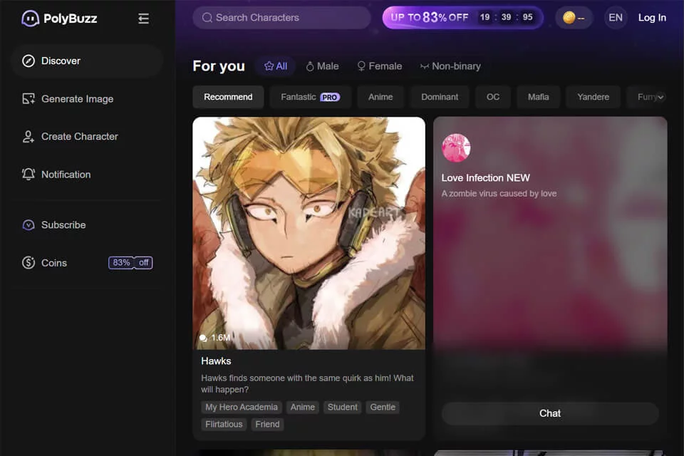 PolyBuzz.ai AI角色对话平台界面示意图