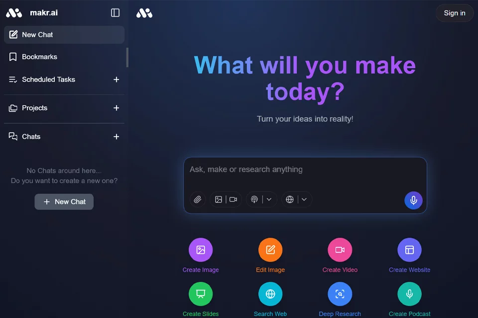 Makr AI 对话工作空间的界面示意
