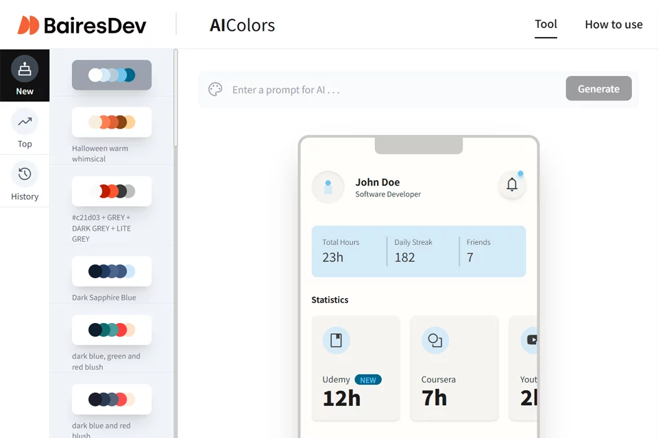 AI Colors 调色板生成与配色预览界面