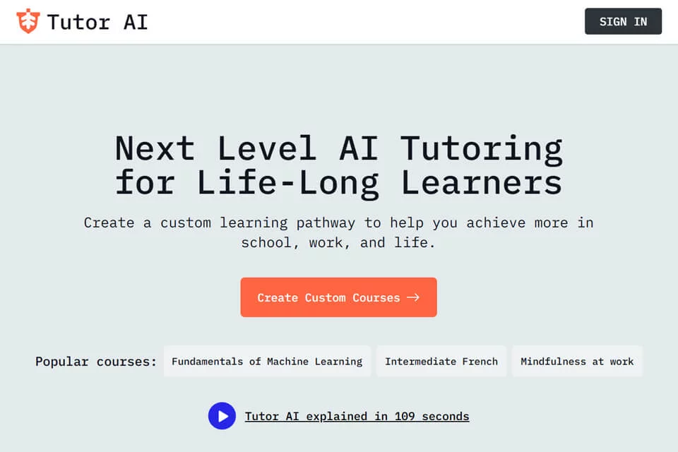 Tutor AI 个性化学习课程界面示意
