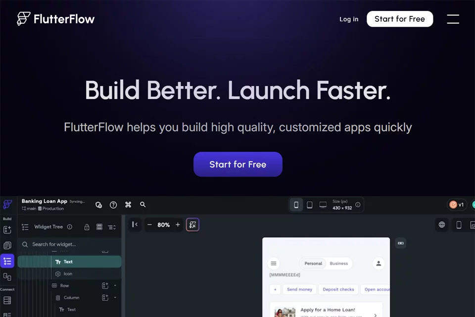 FlutterFlow AI Gen 低代码应用开发界面示意