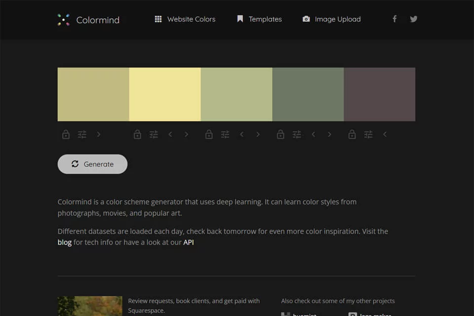 Colormind配色生成界面,展示五色方案与网页预览效果